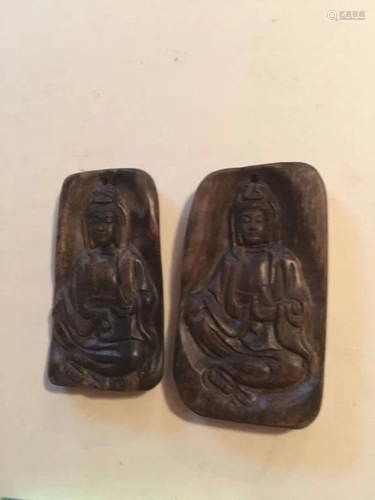 Lot of 2 Wood Carved Pendants