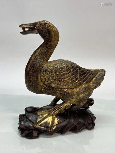 Qing Dynasty Gold Painted Wood Carved Duck Statue