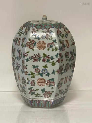 Qing Dynasty Hexagon Fencai Porcelain Jar W/ Lid