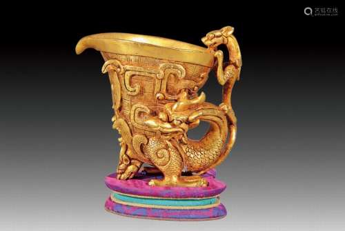清 铜鎏金螭龙耳杯 铜质