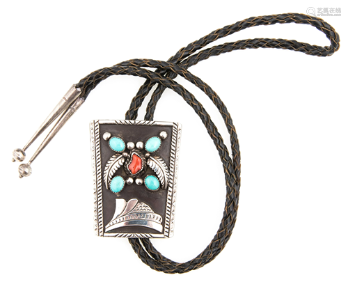 NATIVE AMERICAN STERLING TURQUOISE & CORAL BOLO TIE