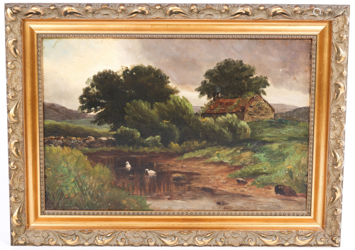 20TH C. PASTORAL SCENE WITH SWANS OIL ON CANVAS SIG…