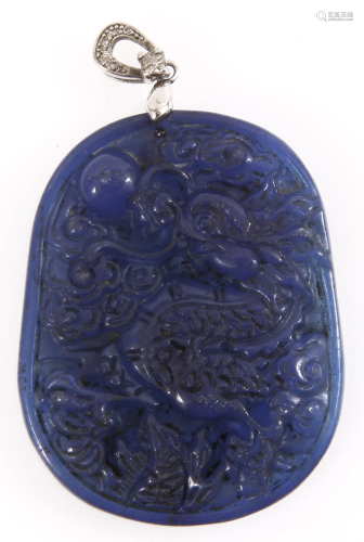 CHINESE CARVED BLUE DYED JADE DRAGON PENDANT