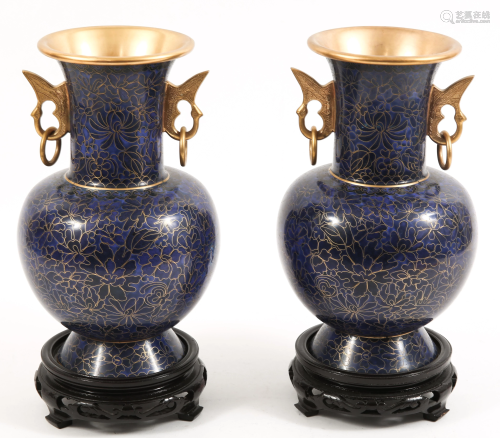 PAIR OF CHINESE BLUE & GOLD CLOISONNE VASES WITH STA…