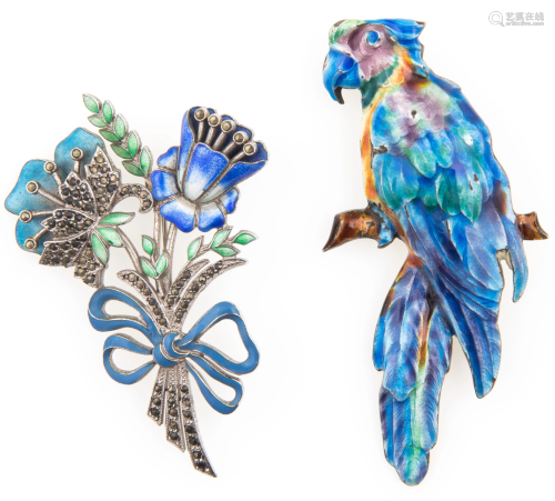 STERLING SILVER & ENAMEL BROOCHES - MACAW & BOUQUET