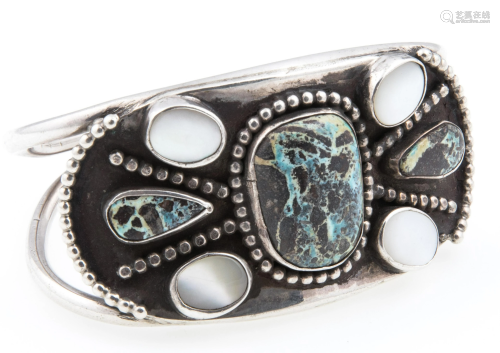 NATIVE AMERICAN STERLING TURQUOISE PEARL CUFF BRACELET
