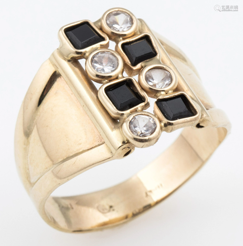 14K YELLOW GOLD ONYX & CZ FASHION RING