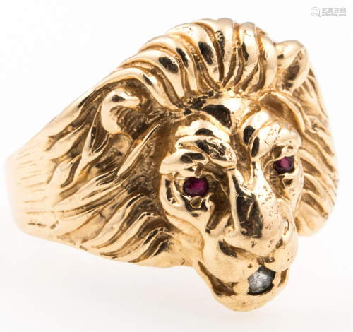 14K GOLD LION RING WITH RED TOPAZ AND DIAMOND
