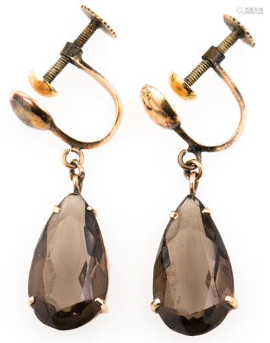 14K YELLOW GOLD SMOKY QUARTZ CLIP-ON EARRINGS