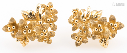 14K YELLOW GOLD FLORAL DESIGN OMEGA BACK EARRINGS