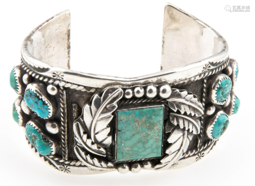 STERLING SILVER & TURQUOISE SIGNED NAVAJO CUFF …