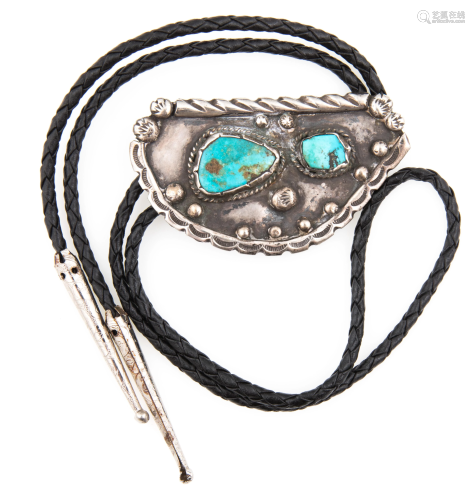 NATIVE AMERICAN STERLING SILVER TURQUOISE BOLO TIE