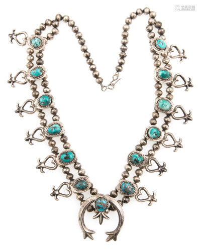 STERLING SILVER TURQUOISE SQUASH BLOSSOM NECKLACE