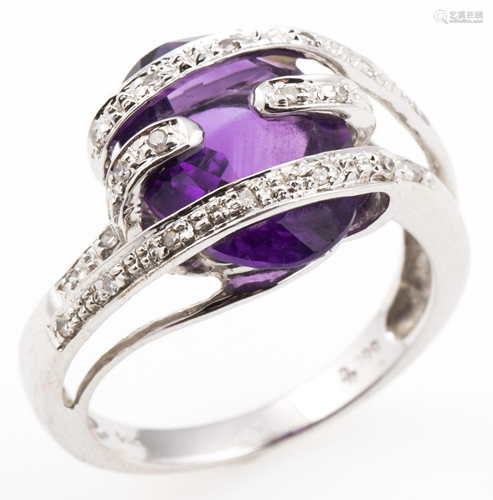 14K WHITE GOLD AMETHYST & DIAMOND FASHION RING