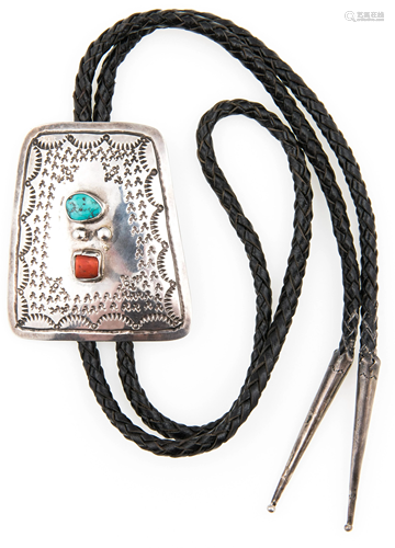 NATIVE AMERICAN STERLING TURQUOISE & CORAL BOLO TIE