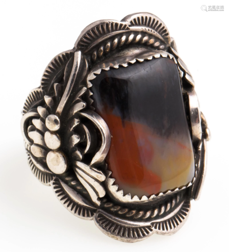 MEN'S NAVAJO STERLING SILVER AGATE RING - SIGNED