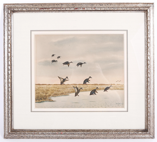 1920 P.C. WHARTON DUCKS LANDING WATERCOLOR - SIGNED