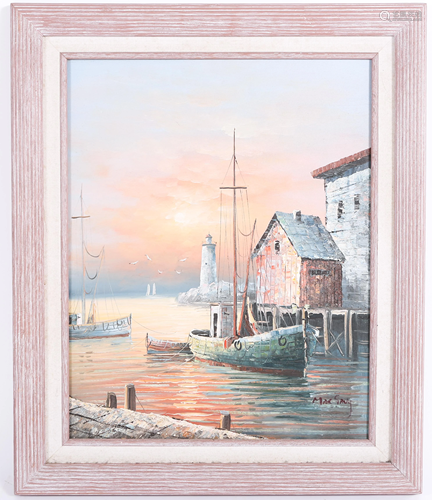 MAX SAVY FISHING BOATS AT HARBOR OIL ON CANVAS - SIGNED