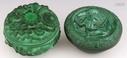 MALACHITE GLASSWARE COVERED DISHES - LOT OF 2