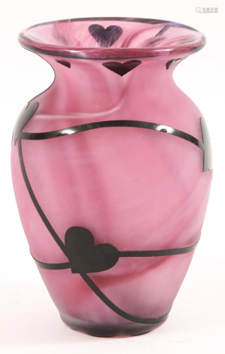 GIBSON PINK AND BLACK HEART ART GLASS VASE