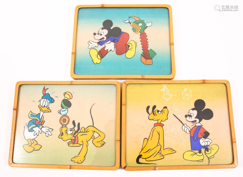 WALT DISNEY CHARACTER PAINTINGS ON SILK - LOT OF 3