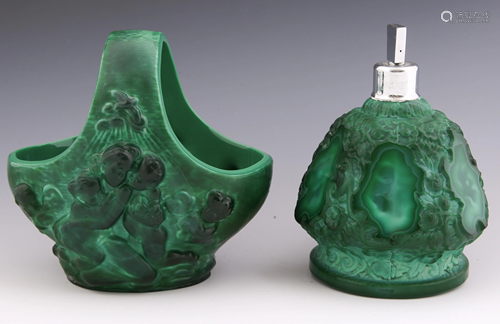 MALACHITE GLASS PERFUME BOTTLE AND POTPOURRI BASKET