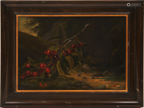 19TH C. OIL ON CANVAS CHERRY STILL LIFE BY ROSE G.