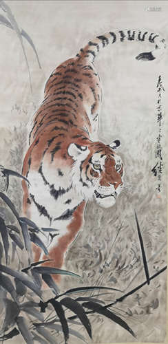 A Chinese Tiger Hanging Scroll Painting, Liu Jiyou Mark