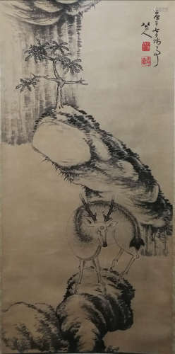A Chinese Pine&Deer Painting Scroll, Ba Da Shanren Mark