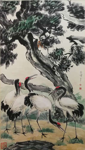 A Chinese Pine&Crane Painting Scroll, Xu Beihong Mark