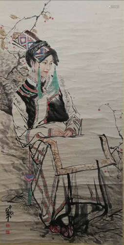 A Chinese Figure Painting Scroll, He Jiaying Mark