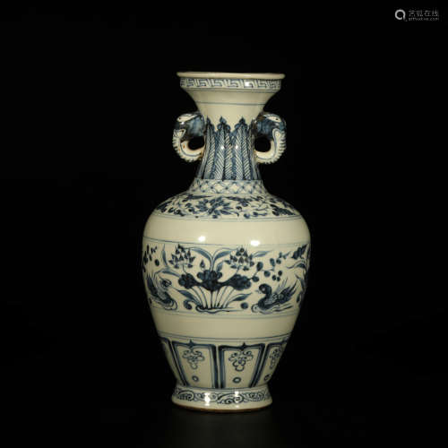 A Blue and White Floral Mandarin Duck Porcelain Elephant Ears Vase