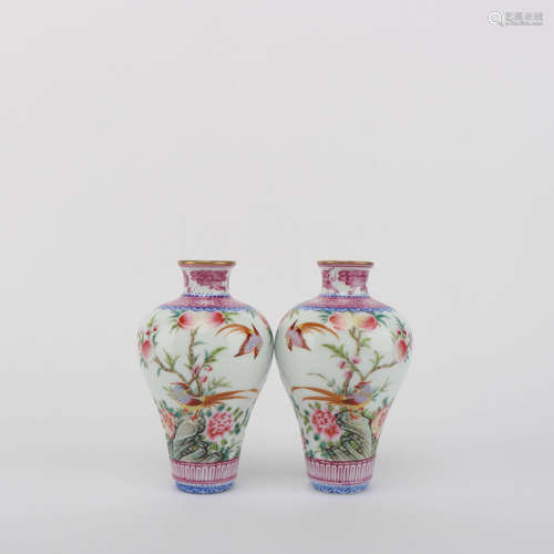 A Pair of Enamel Bird and Flower Porcelain Meiping