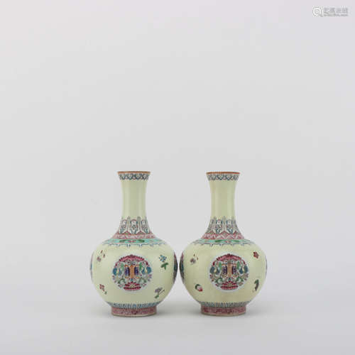 A Pair of Enamel Flower Porcelain Vases