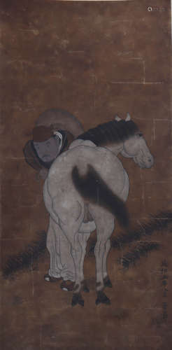 A Chinese Figure&Horse Painting Scroll, Zhao Zi'ang Mark