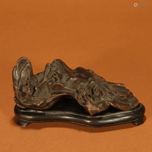 An Aloeswood Carved Mountain Shaped Landscape and Figure Ornament