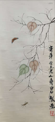 A Chinese Insect Painting Scroll, Qi Baishi Mark