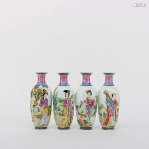 A Set of 4 Enamel Figure Porcelain Vases