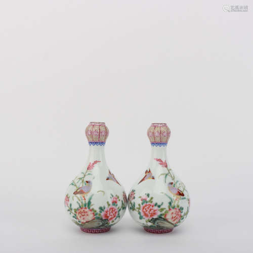 A Pair of Enamel Bird and Flower Porcelain Vases