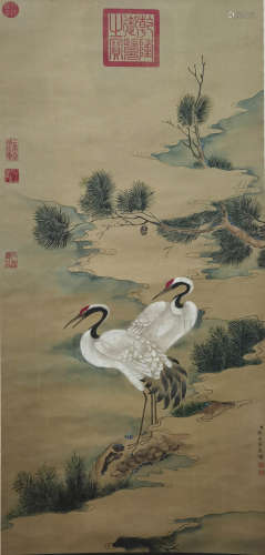 A Chinese Crane Hanging Scroll Painting, Lang Shining Mark