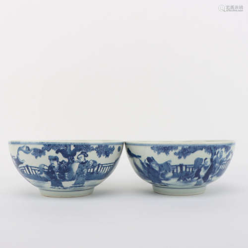 A Pair of Blue and White Eight Immortals Porcelain Bowls