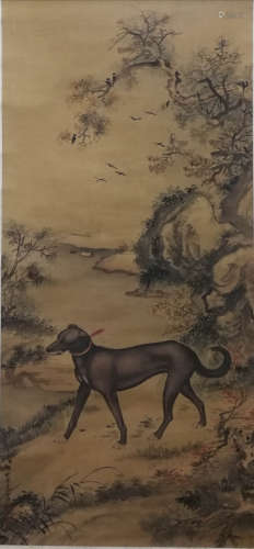 A Chinese Dog Painting Scroll, Lang Shining Mark
