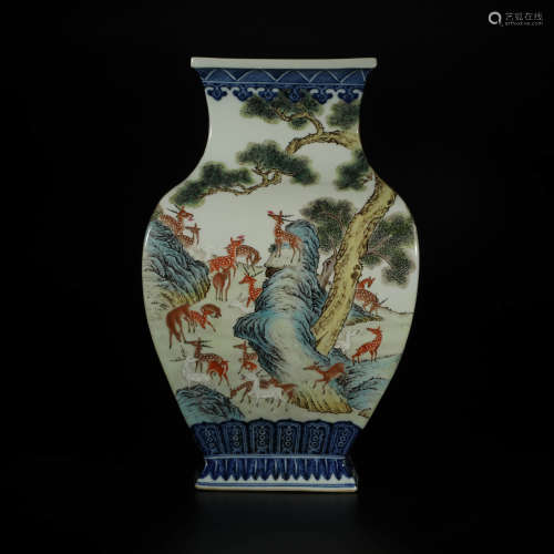 A Blue and White Famille Rose Floral Deers Porcelain Square Zun