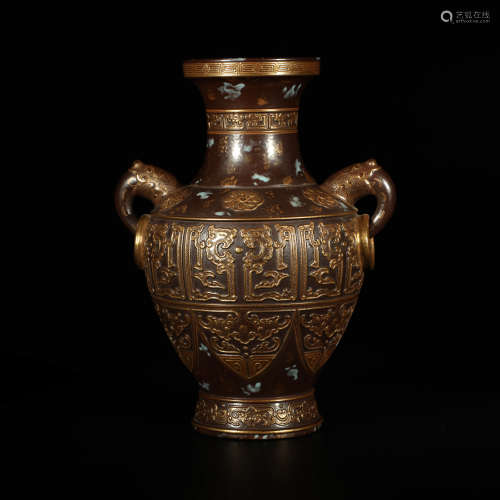 A Bronze Glaze Gilt-inlaid Beast Pattern Porcelain Double Ears Vase