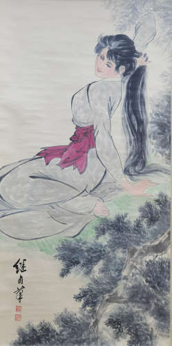 A Chinese Figure Hanging Scroll Painting, Liu Jiyou Mark