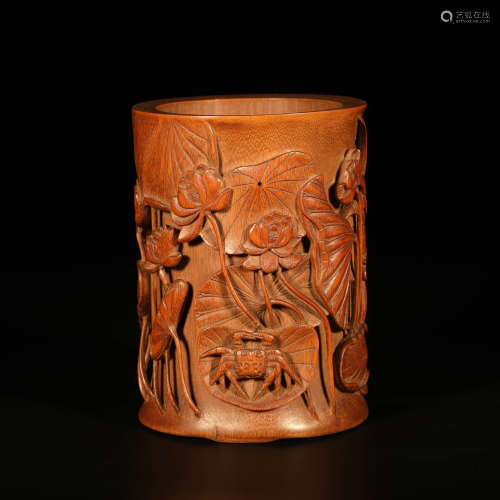 A Lotus Carved Bamboo Brush Pot
