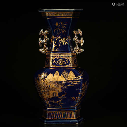 An Altar Blue Gilt-inlaid Landscape Porcelain Double Ears Hexagon Vase