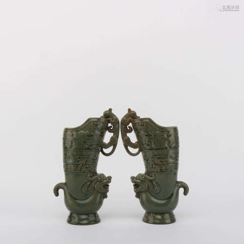 A Pair of Yaozhou Kiln Dragon Porcelain Cups