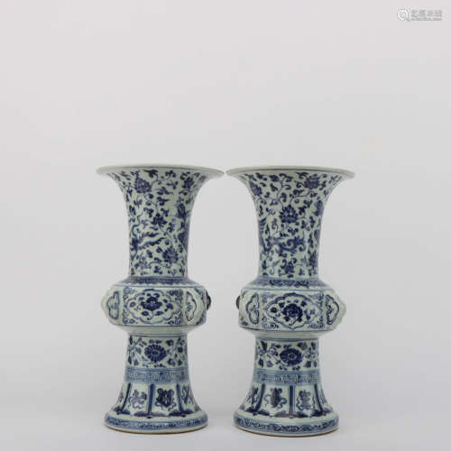 A Pair of Blue and White Flower and Phoenix Porcelain Beaker Vases