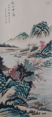 A Chinese Landscape Hanging Scroll Painting, Wu Qinmu Mark